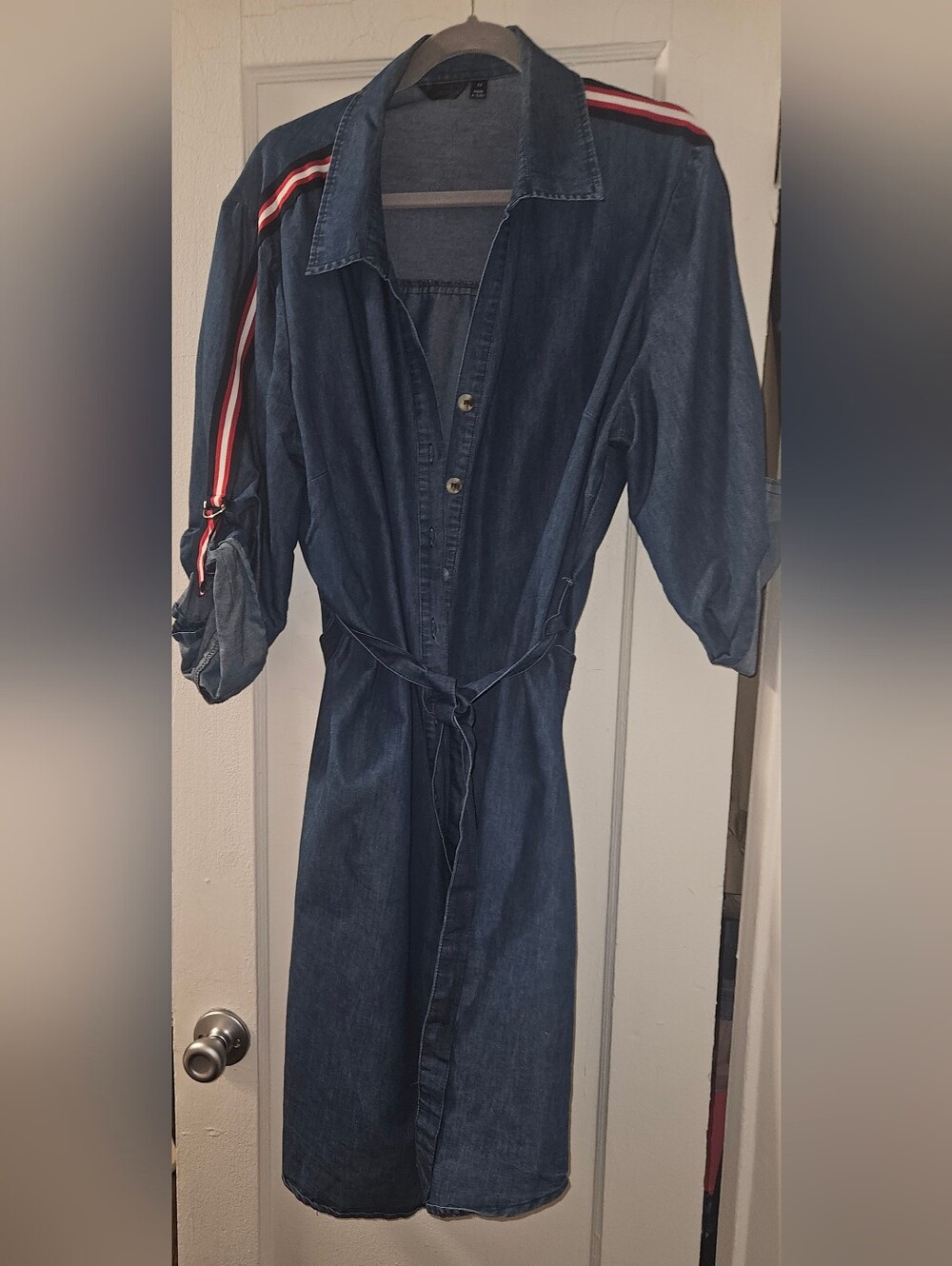 Gabrielle Denim Shirt Dress with Red & White Shoulder Stripes Size 3X